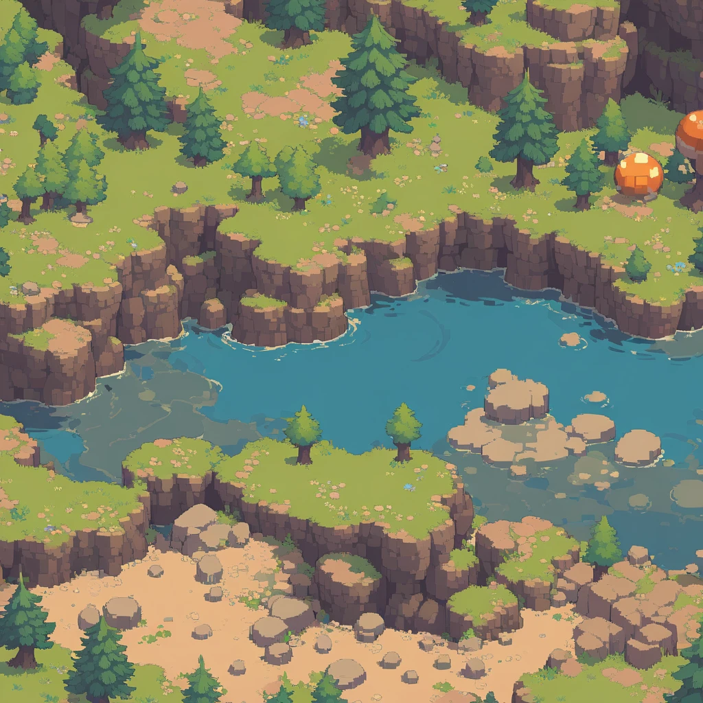 retro video game style,pixelated, vibrant pastel colors,8-bit characters,blocky shapes,sharp lines,detailed shading,classic gaming vibe,nostalgic atmosphere,classic arcade games,masterpiece:1.2,ultra-detailed,illustration style, 2d texture, stone texture, 4 k seamless mud texture, video game texture, dirt texture, tileset, game tiles, grass, trees, rock texture, detailed trees, topdown view, game texture, game art, tileable texture, very detailed cliff texture, intricate stones, top down view, 3/4th perspective