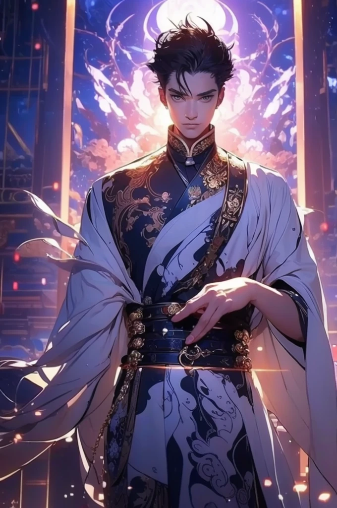 a man in a white robe, black hair, a sword in his left hand, young and handsome man, ponytail, waist-length hair, ancient Chinese clothing, qi, a huge saber, background of ancient Chinese buildings, night, powerful character, purple rays, a beautiful landscape. Detailed face, thick eyebrows, black eyes, 8k, robe embroidered with gold edges, detailed clothing, xianxia, ​​world of cultivation. ((upper body))