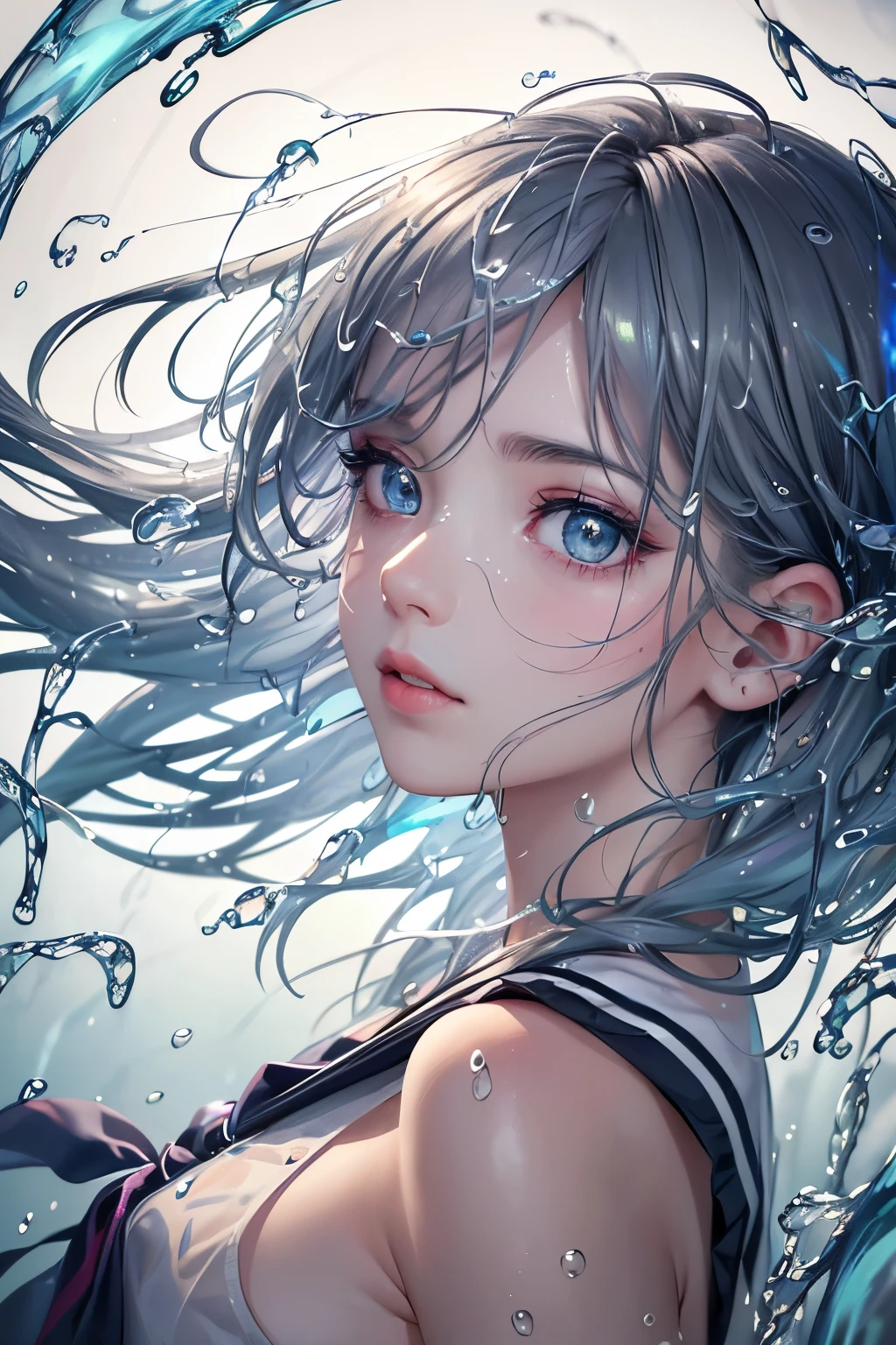 (masterpiece), (high quality), (photo realistic),
(high angle from side), (looking camera), (face close-up), (dark gray background),
1girl, rainbow mesh pastel color hair, hair blowing in the wind, multi color iris, naked eye, shining lips, jewelry, school sailor suit, golden grow ivy, optical prism, (splash of water:1.5),