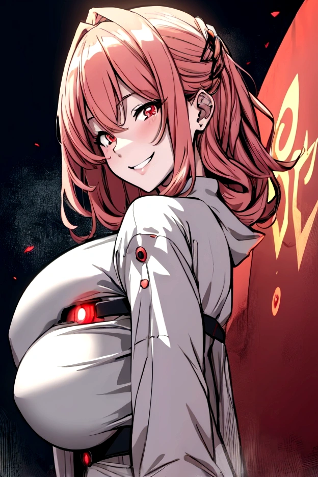 Anime girl,red glowing possessed eyes,grinning,milf
