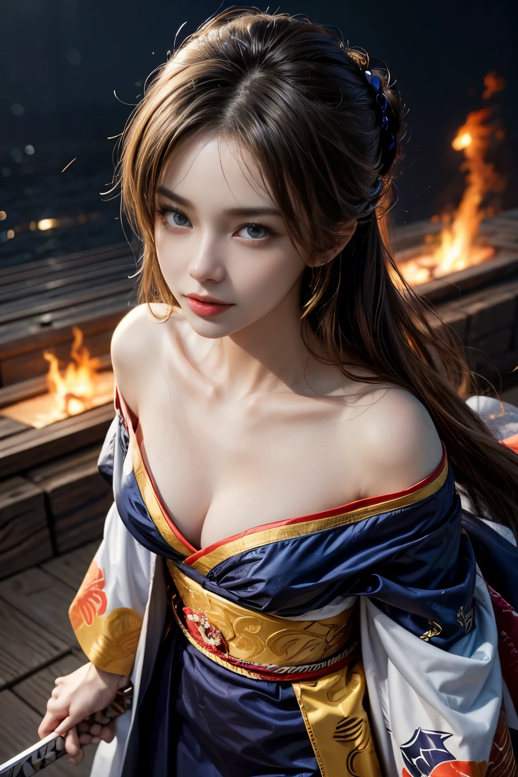 (RAW shooting, Photoreal:1.5, 8k, highest quality, masterpiece, ultra high resolution), Sengoku, fire事, いたるところで燃え上がる戦fire:1.3, perfect dynamic composition:1.2, Highly detailed skin and facial textures:1.2, Slim female samurai with a sharp Japanese sword:1.3, Fight:1.2, beautiful and aesthetic, cute and sexy beauty, perfect style:1.2, wear elaborate rings, fire, water, Wind, thunder, ice, Fair skin, very beautiful face, (Medium chest, Chest gap), (embarrassing smile, The expression on your face when you feel intense caress, Facial expression when feeling pleasure), (Wearing a sexy Sengoku uniform:1.1, off shoulder), (beautiful blue eyes, Eyes that feel beautiful eros:0.8), (Too erotic:0.9, Bewitching:0.9), full body shot,