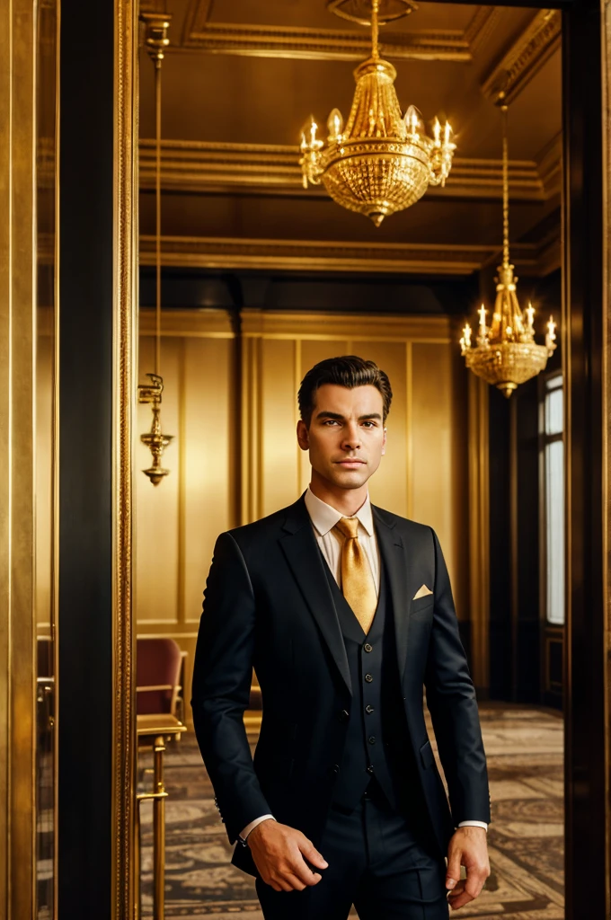 Business man cat in a suit in a bank looking towards and old clock with many people's in the bank working a big cultural sci fi hall with chandeliers and in a golden colour hall