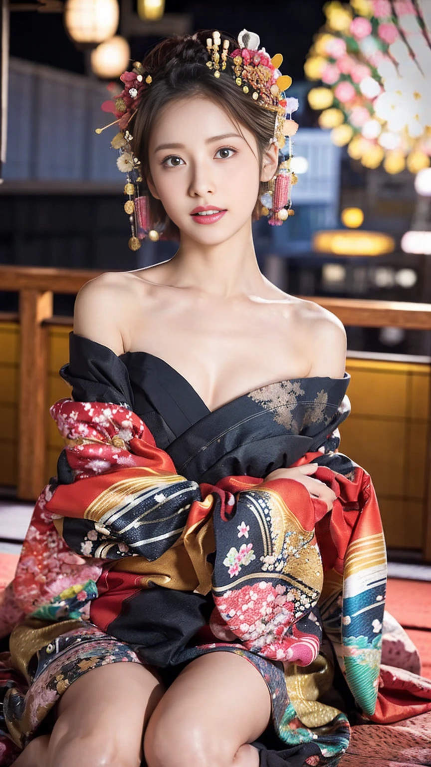 (8K、RAW Photosgraphy、Highest quality、masterpiece:1.2)、(Realistic、Realistic:1.37)、Ultra-high resolution、One Girl、cute、alone、night、Sitting、date、(Nose redness)、(Laughter:1.1)、(Closed)、Huge 、Beautiful Eyes、(short hair:1.2)、(((Fireworks bursting into the sky、night)))、(((kimono、yukata)))、Cleavage、Perfect body、Perfect Fingers、Professional Lighting、Japanese Goddess、gravure、Detailed face and skin texture、fine grain、RAW Photos