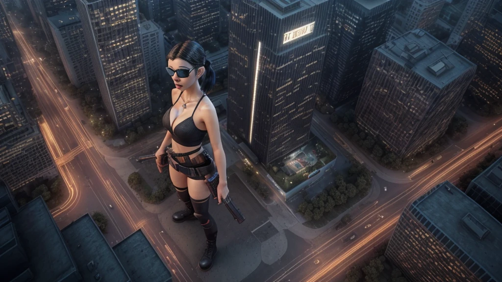(((at night))), FPS gaming screen view, rooftop, (((high angle view))) of cyberpunk city, neon light hologram buildings, unreal engine 5 rendering, (((1Girl, solo))), large breasts, Chest exposed, breast cleavage, wide open ass, slim waist, dynamic seductive pose, ((masterpiece:1.2)), top-quality, official art, detailed CG Unity 8K Wallpapers, artbook, Expressive Hues, Vibrant Palette, B deficiency and white clothes, (((matrix style black micro sunglasses))), (((((aiming with a short gun))))), (((looking at camera))), (((very low view))), (((thigh level medium:0.9 shot))).