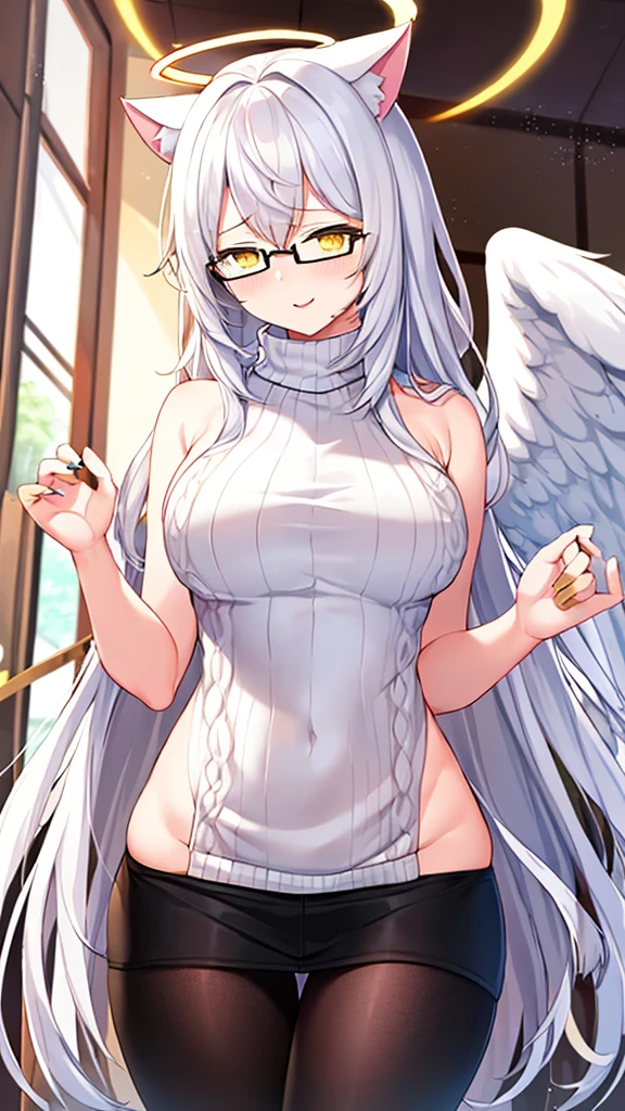 An 18 year old female angel with long, white hair, yellow eyes, white cat ears, and large white angel wings. yellow halo ring round white glasses (Black halter turtleneck, pure killer sweater, sleeveless, sexy bare back) Hand touching lips, standing, looking down