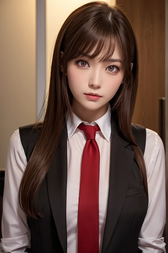 brown hair, necktie, red eyes, looking at viewer, shirt, indoors, black necktie