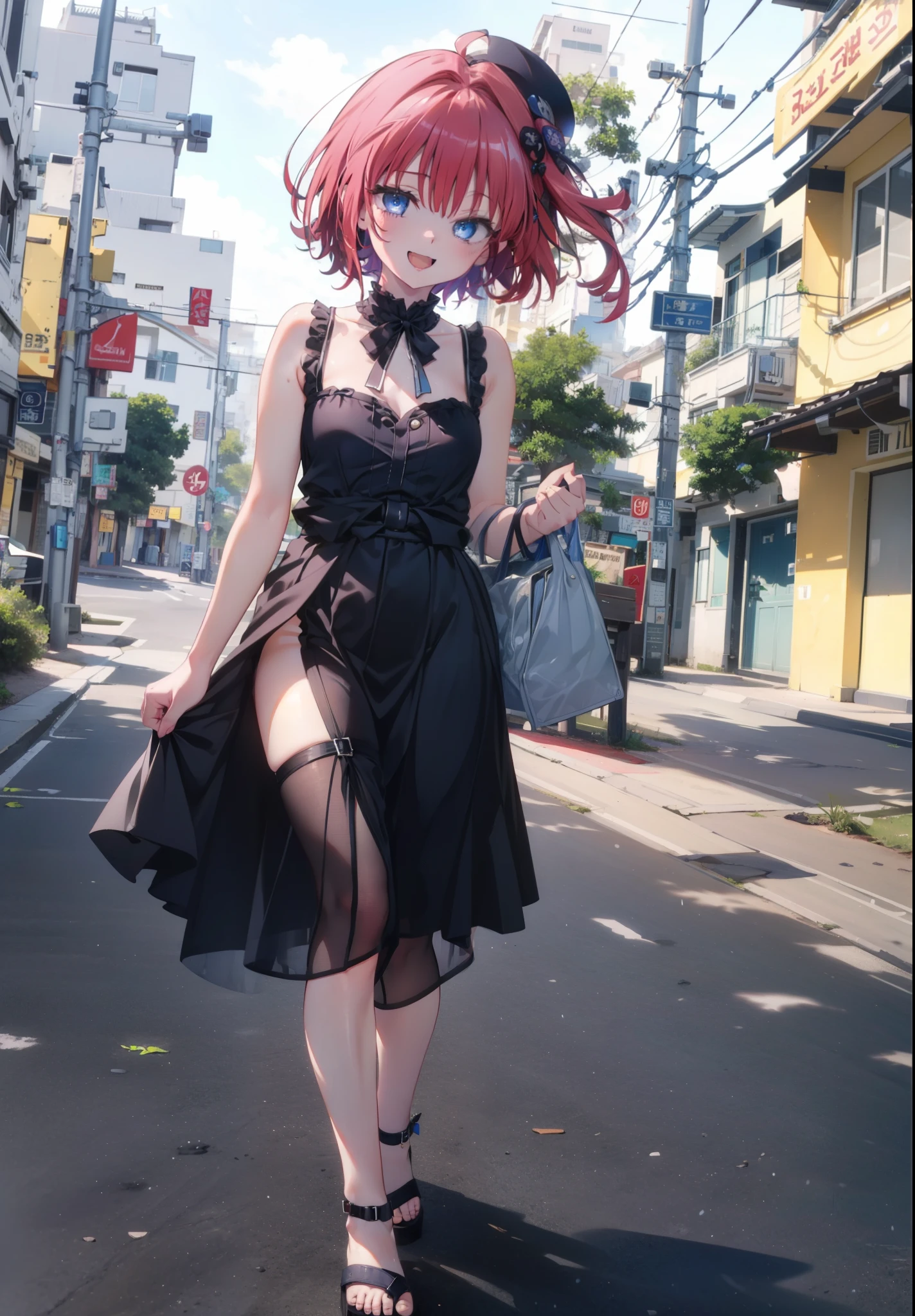 (masterpiece, Highest quality:1.2),shape,8K,High resolution,Say something happy smile, smile, Open your mouth,,Redhead,Long Hair,Purple eyes,1 Girl,sleeveless black dress,Bare arms,Black long skirt,Cute Sandals,walking,Daytime,Clear skies,
break looking at viewer,whole body,
break outdoors, Coastal Road,
break (masterpiece:1.2), Highest quality, High resolution, ユニティ 8K 壁紙, (shape:0.8), (Beautiful and beautiful eyes:1.6), Highly detailed face, Perfect lighting, Highly detailed CG, (Perfect hands, Perfect Anatomy),