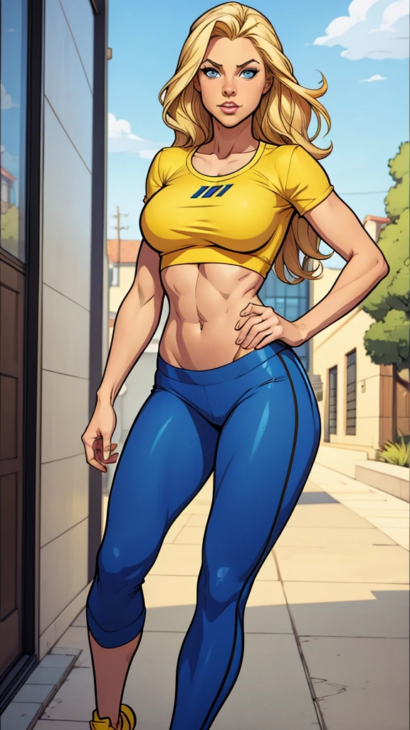 woman thin, pans jogger, blondy hair, blue eyes, busty. Yellow top. Comic style