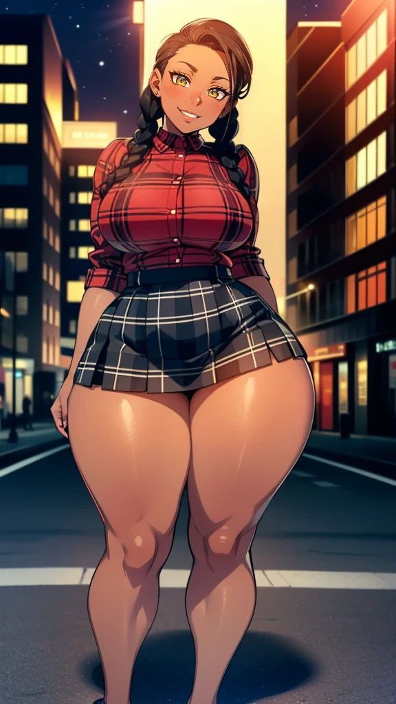 4K Quality, white woman, sexy smile, (black plaid skirt), standing up, ((pink and red braids)), thick thighs, big breasted, big ass, looking at viewer, amber eyes, night time, bedroom eyes, full body, city background, perfect face, perfect body, perfect eyes, full lips,