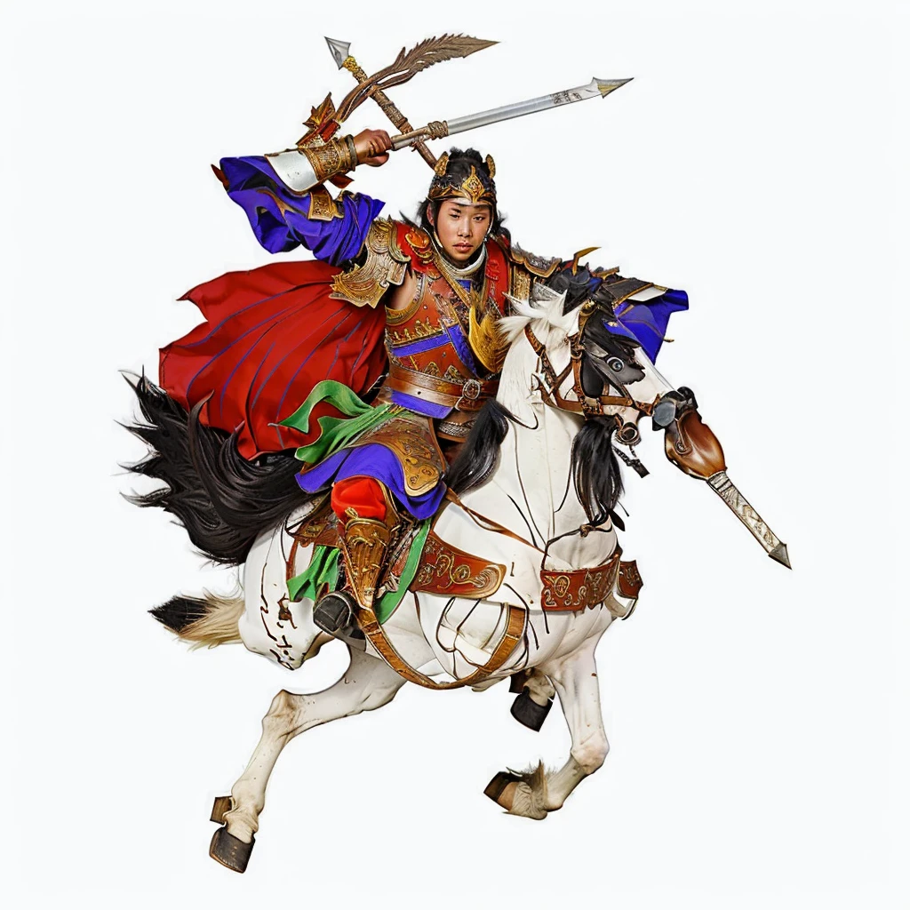 an ancient chinese young warrior, wearing armour, riding a white horse, holding a word and a spear