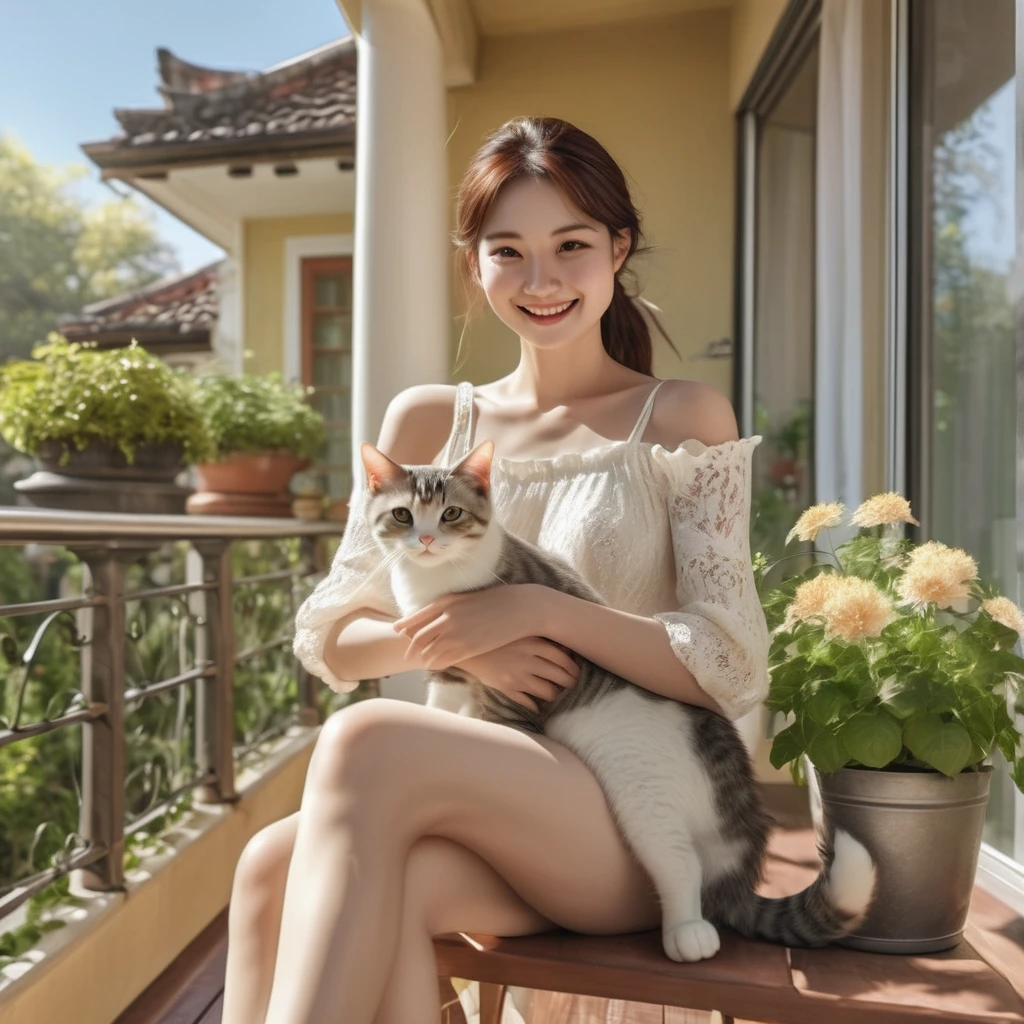 On a sunny balcony、Western super beautiful woman smiling、In the lawn garden、Relaxing while holding a cat、Detailed hands,refer to, foot、Very detailed、Upper body UP、Ultra delicate、photograph、3d
