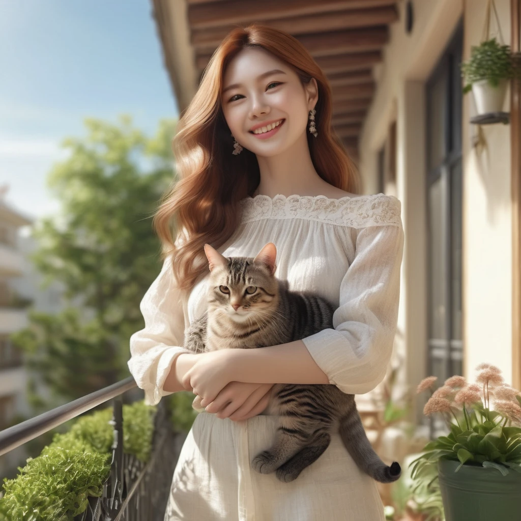On a sunny balcony、Western super beautiful woman smiling、In the lawn garden、Relaxing while holding a cat、Detailed hands,refer to, foot、Very detailed、Upper body UP、Ultra delicate、photograph、3d