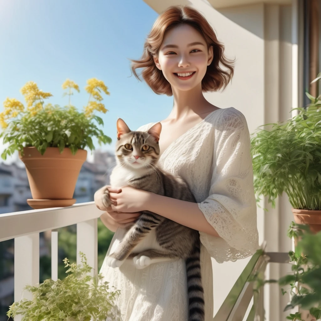 On a sunny balcony、Western super beautiful woman smiling、In the lawn garden、Relaxing while holding a cat、Detailed hands,refer to, foot、Very detailed、Upper body UP、Ultra delicate、photograph、3d


