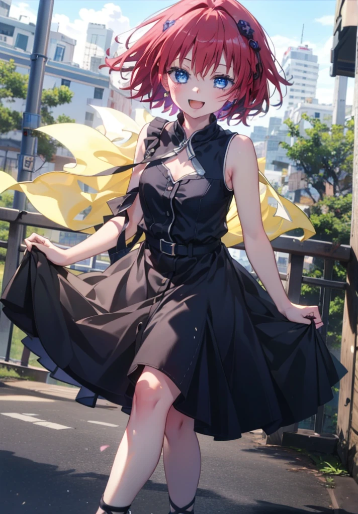 (masterpiece, Highest quality:1.2),shape,8K,High resolution,Say something happy smile, smile, Open your mouth,,Redhead,Long Hair,Purple eyes,1 Girl,sleeveless black dress,Bare arms,Black long skirt,Cute Sandals,walking,Daytime,Clear skies,
break looking at viewer,whole body,
break outdoors, Coastal Road,
break (masterpiece:1.2), Highest quality, High resolution, ユニティ 8K 壁紙, (shape:0.8), (Beautiful and beautiful eyes:1.6), Highly detailed face, Perfect lighting, Highly detailed CG, (Perfect hands, Perfect Anatomy),
