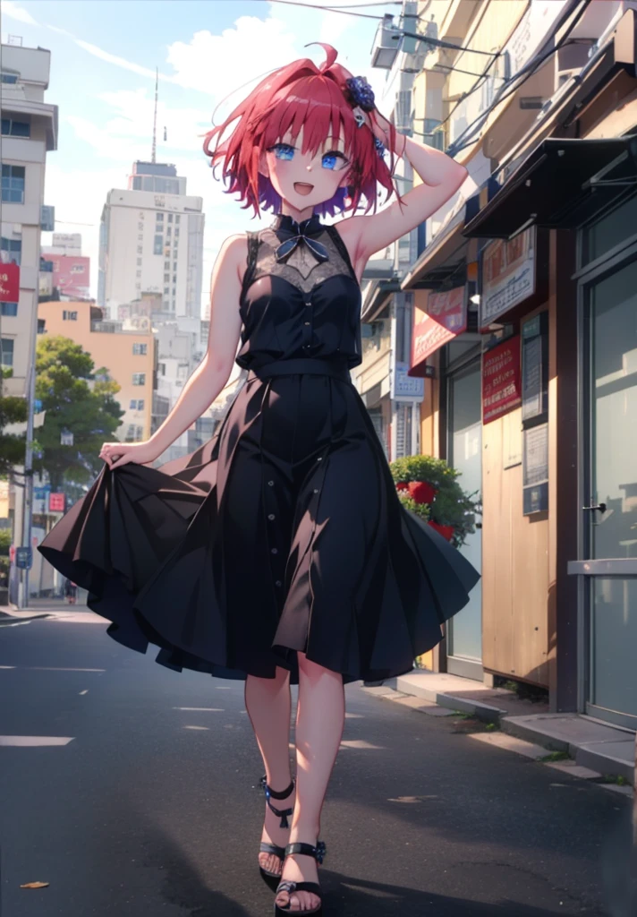 (masterpiece, Highest quality:1.2),shape,8K,High resolution,Say something happy smile, smile, Open your mouth,,Redhead,Long Hair,Purple eyes,1 Girl,sleeveless black dress,Bare arms,Black long skirt,Cute Sandals,walking,Daytime,Clear skies,
break looking at viewer,whole body,
break outdoors, Coastal Road,
break (masterpiece:1.2), Highest quality, High resolution, ユニティ 8K 壁紙, (shape:0.8), (Beautiful and beautiful eyes:1.6), Highly detailed face, Perfect lighting, Highly detailed CG, (Perfect hands, Perfect Anatomy),