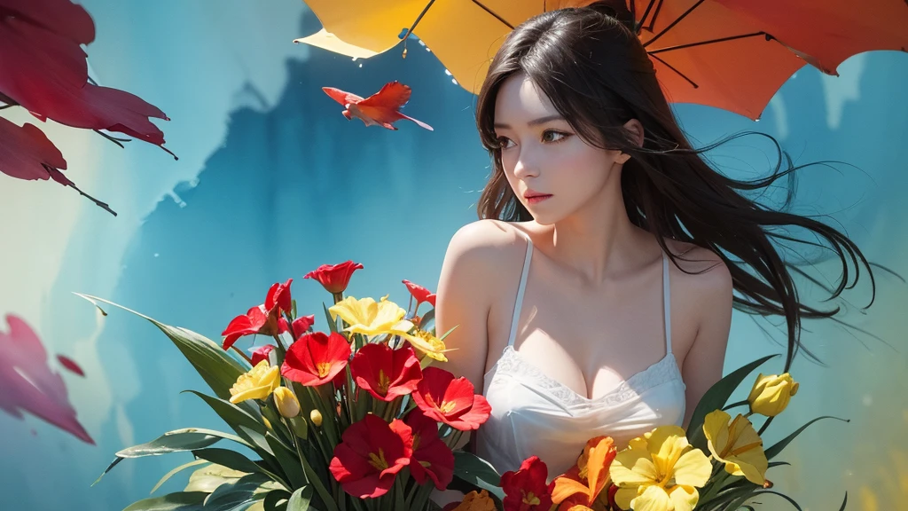 32k, Masterpiece, Highest quality, One girl, Detailed eyes, flower,gladiolus, Yellow and red style,A dreamy, romantic piece,Pale yellow, Mysterious Leaves,A playful arrangement,Fantasy,High Contrast,Ink strokes,explosion,Exposure, Impression of light blue and red tones,Abstract,((Watercolours by John Berkey and Jeremy Mann )) Brush strokes,Negative Space, Tyndall effect,