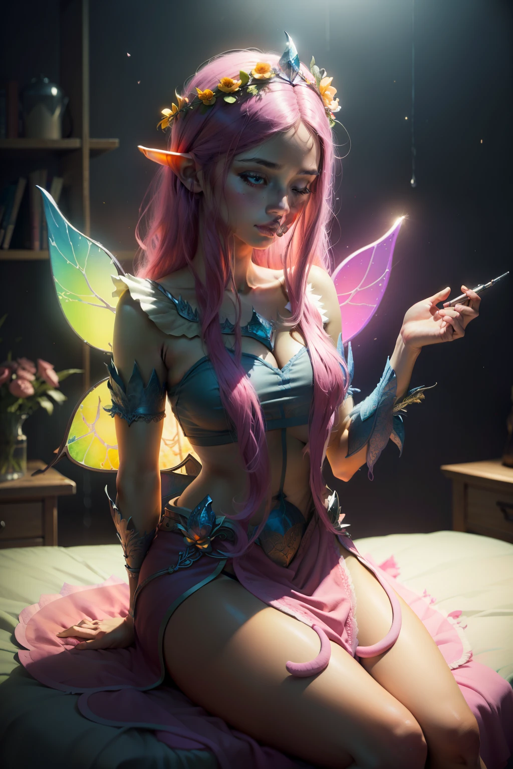 A young woman like a fairy with pink hair, sitting on the bed wearing teacher clothes, Fantasy Theme, em uma flowersta mágica, flowers (((master part))), (((best qualityer))), ((ultra detali)),(highly detailed CG illustration), ((an extremely delicate and beautiful)),cinematic light, Create stunning fantasy art. fairy tale fantasy with colorful details. ((Use various shades of pastel pink and watercolor as the main color scheme.)) Incorporate unique lighting effects, Exploring dynamic and attractive composition techniques, and experimenting with unique color palettes. Camera: Choose an angle that highlights the beauty of the character.. The ilumination: Use atmospheric lighting techniques to create depth and mood. resolution: Aim for a high-resolution artwork to showcase intricate details and clarity.