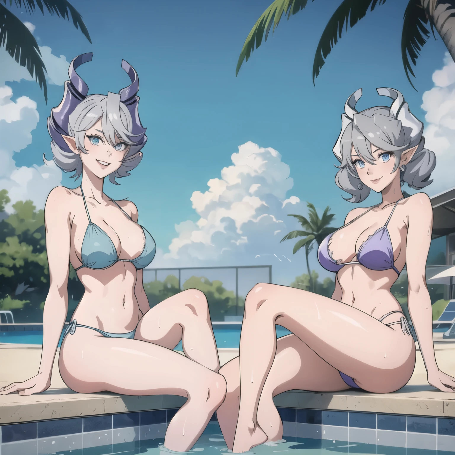3 girls High level image quality best image quality 8K adult woman pool party rain palm trees more colors whole body view portrait bikini horn ears short hair((shortcut)(gray hair)(perm)(fluffy)) eye color is blue , , attractive evil face , smile , sexy pose , labrynth , hands behind head , barearm , sitting by person by the pool , crossed legs , all wet , wet hair , view foot arc