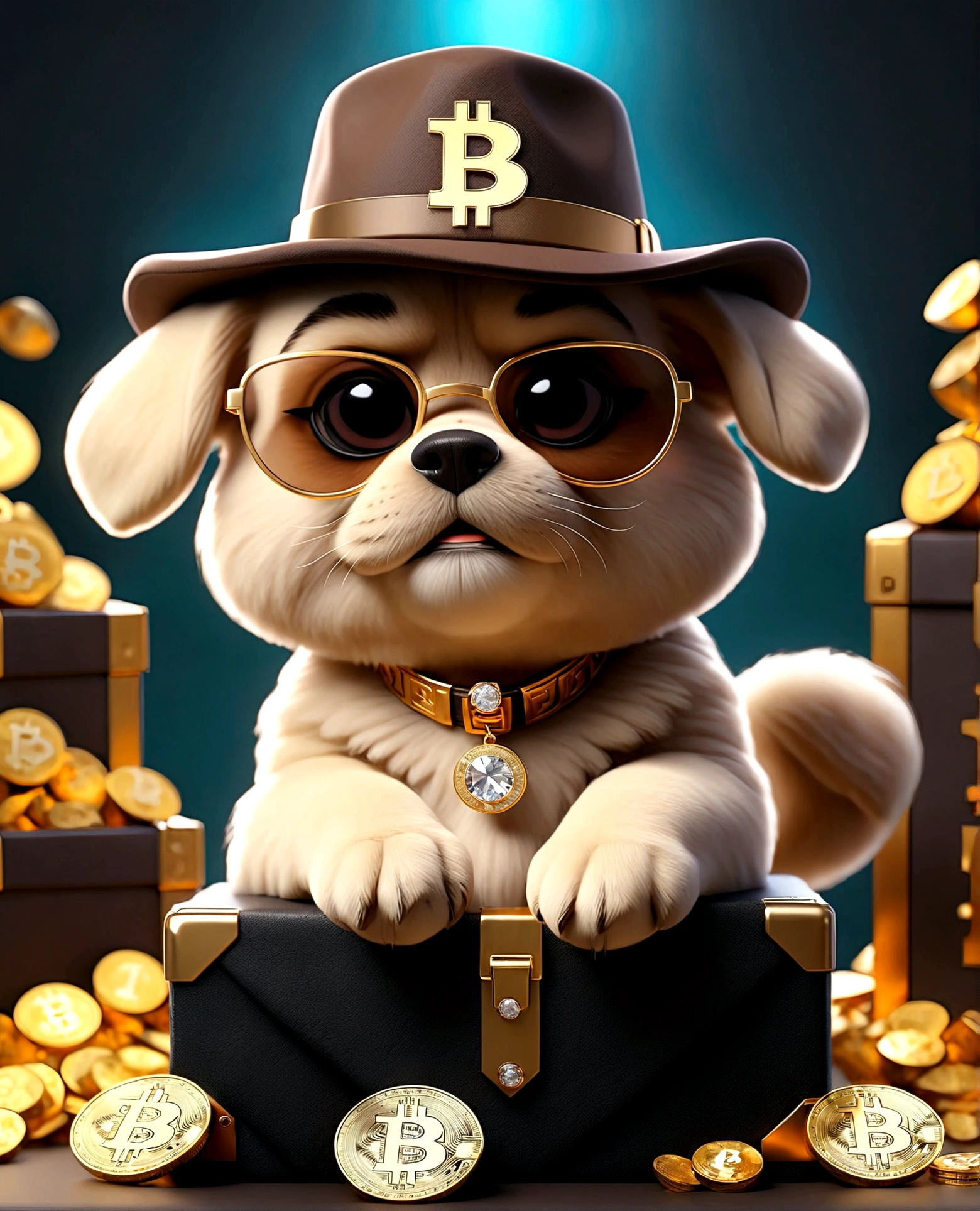 ,Cute puppy、Bitcoin、Cryptocurrency、rich、sunglasses、hat、hatのロゴに「D」It says in large letters:、Dynamic Jumps、Real、photograph、8K、cigar(((Too big diamond 1:9)))、Riding on a big diamond、Gold bars covering the entire wall、Jewels overflowing from a treasure chest(((D mark)))
