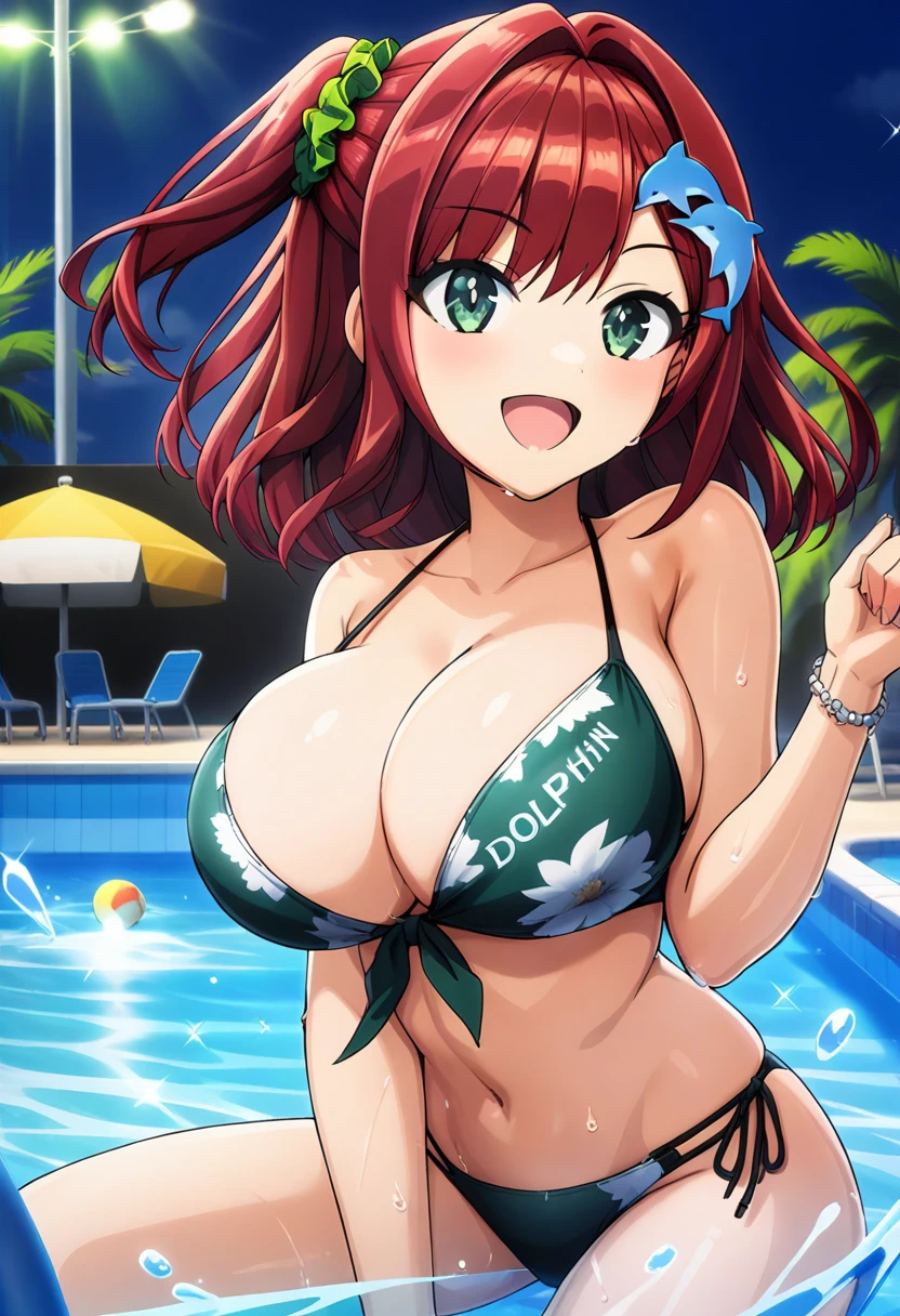 1girl, sakimiya iruka, dolphin wave, medium hair, red hair, one side up, green scrunchie, hair ornament, green eyes, large breasts,
bikini, swimsuit,
looking at viewer, cowboy shot, smile,
pool,
masterpiece, best quality, very aesthetic, newest, cinematic lighting, highres, absurdres, incredibly absurdres,