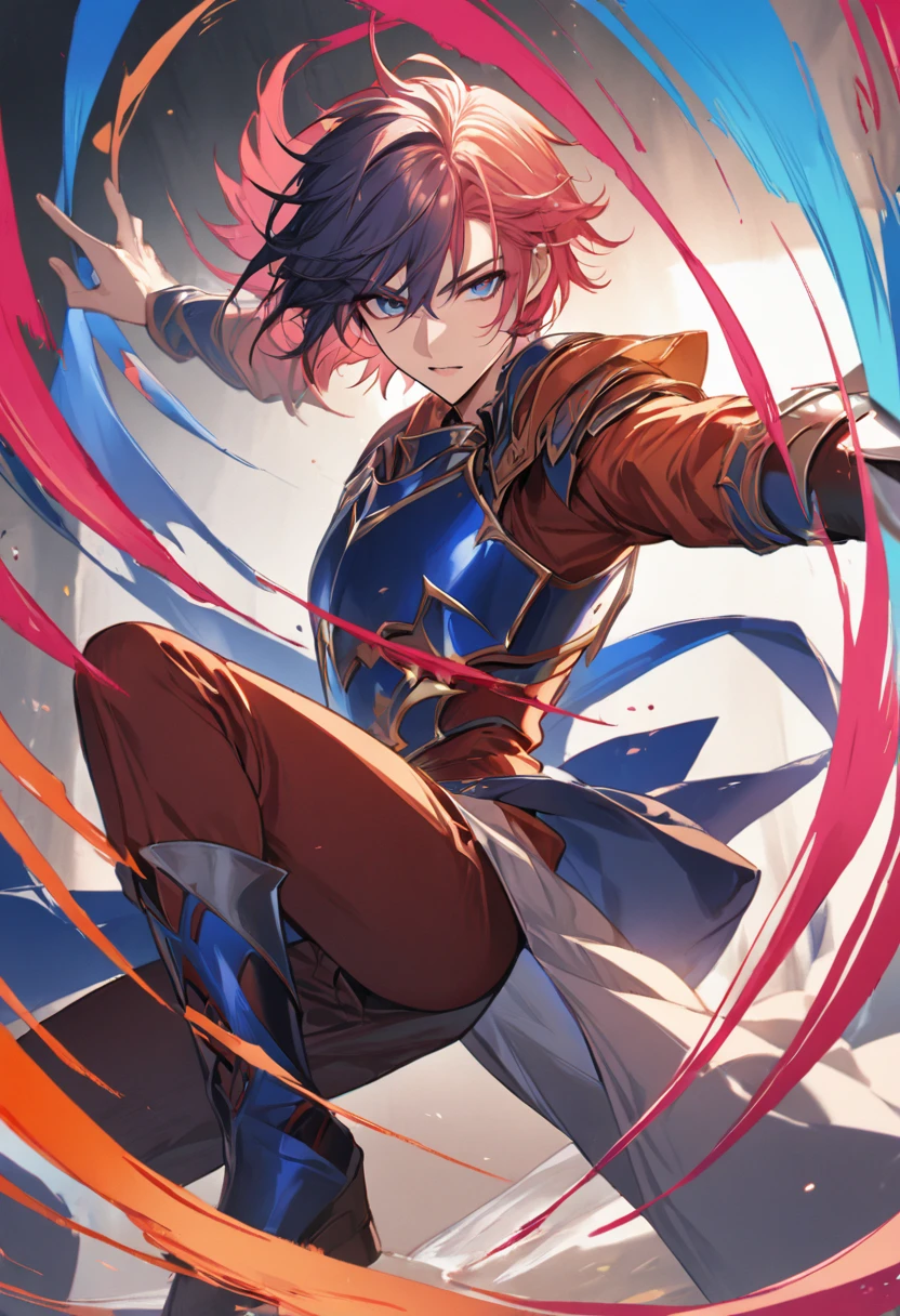 1boy,jrpg fantasy brave handsome man,rpg,bishounen,wearning knight armor and pants and armor legs,orange and pink and white and navy blue,japan anime,short hair,A dynamic pose of a breakdancer performing an impressive move,set in a visually striking and energetic composition,simple color,headspin,rpg fantasy,stylish effect,masterpiece, best quality, very aesthetic,absurdres,
