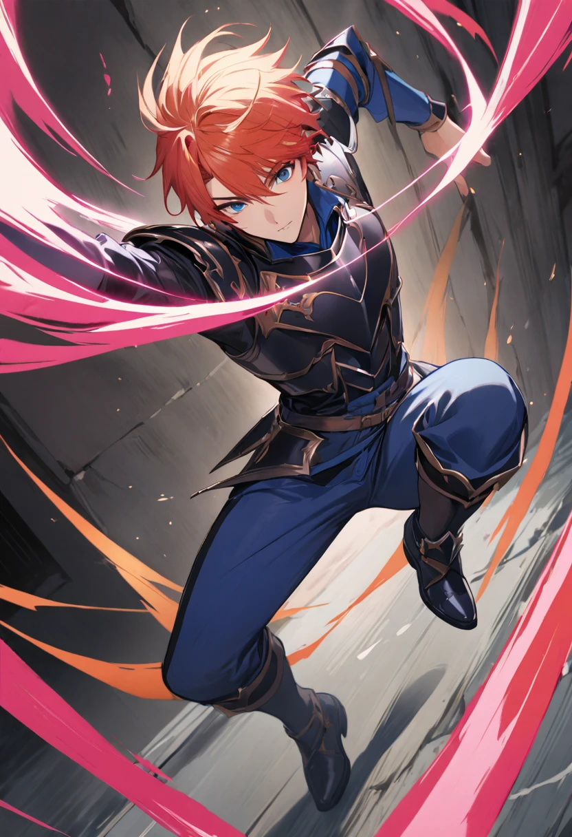 1boy,jrpg fantasy brave handsome man,rpg,bishounen,wearning knight armor and pants and armor legs,orange and pink and white and navy blue,japan anime,short hair,A dynamic pose of a breakdancer performing an impressive move,set in a visually striking and energetic composition,simple color,headspin,rpg fantasy,stylish effect,masterpiece, best quality, very aesthetic,absurdres,