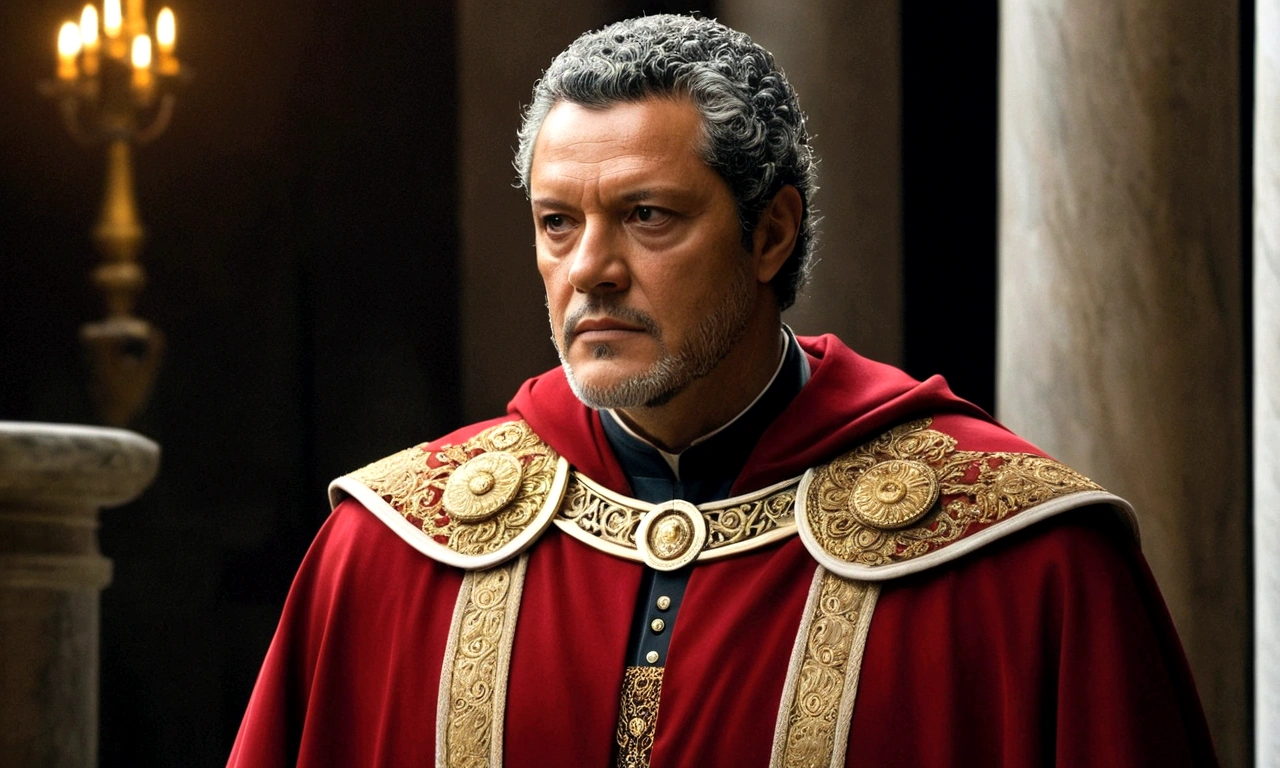 Julio Cesar, in middle age, is portrayed with an aristocratic and refined figure. His features are marked by a carefully trimmed beard and slightly gray hair., that reflect your experience and maturity. He wears robes richly decorated with gold details., indicative of your high status, and a red cape that flows elegantly around you. Their eyes, penetrating and intelligent, convey both the political astuteness and strategic vision that made him a legendary figure in Rome. Beside him, Calpurnia, sua esposa, complements its presence with a quiet dignity, symbolizing support and stability amid the intrigues of the time.