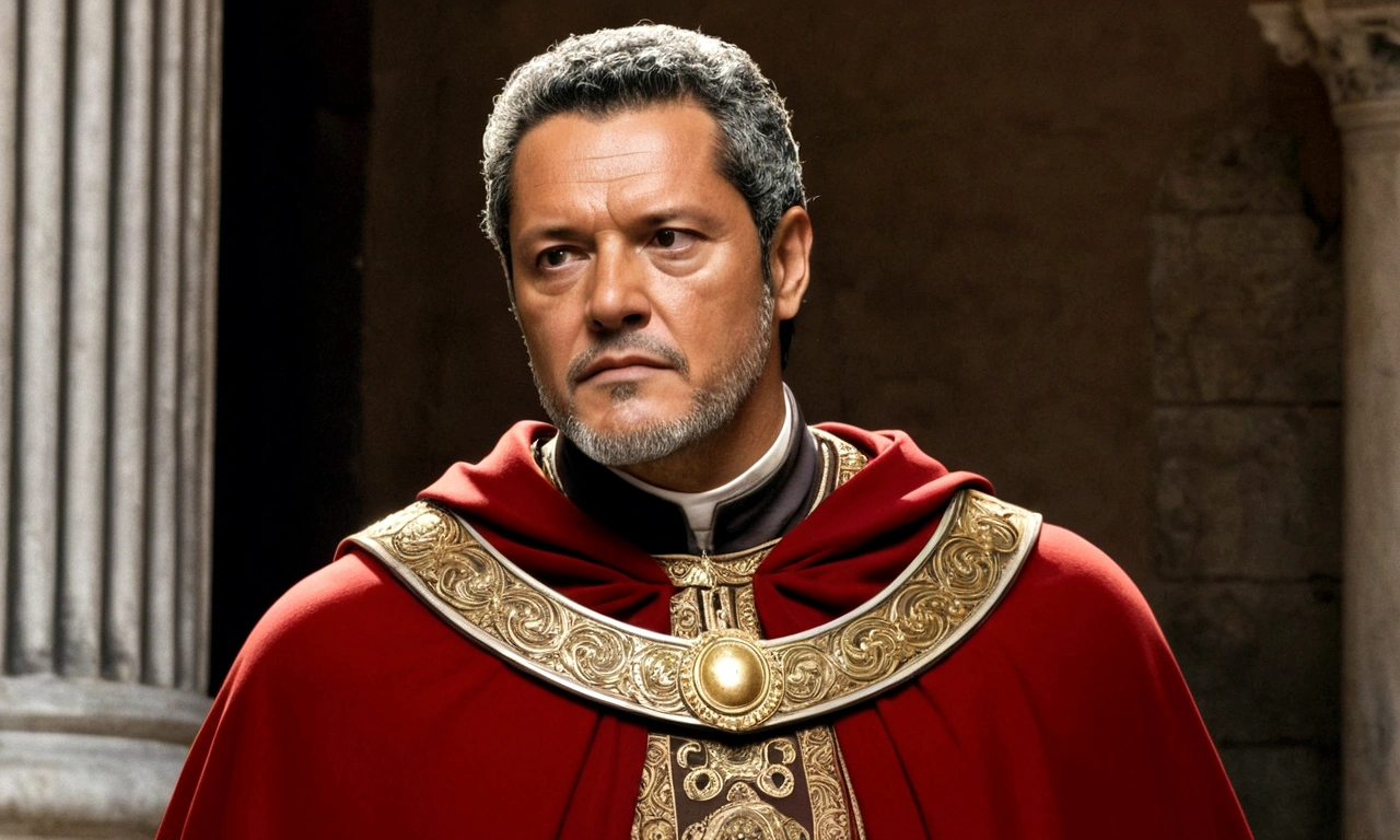 Julio Cesar, in middle age, is portrayed with an aristocratic and refined figure. His features are marked by a carefully trimmed beard and slightly gray hair., that reflect your experience and maturity. He wears robes richly decorated with gold details., indicative of your high status, and a red cape that flows elegantly around you. Their eyes, penetrating and intelligent, convey both the political astuteness and strategic vision that made him a legendary figure in Rome. Beside him, Calpurnia, sua esposa, complements its presence with a quiet dignity, symbolizing support and stability amid the intrigues of the time.