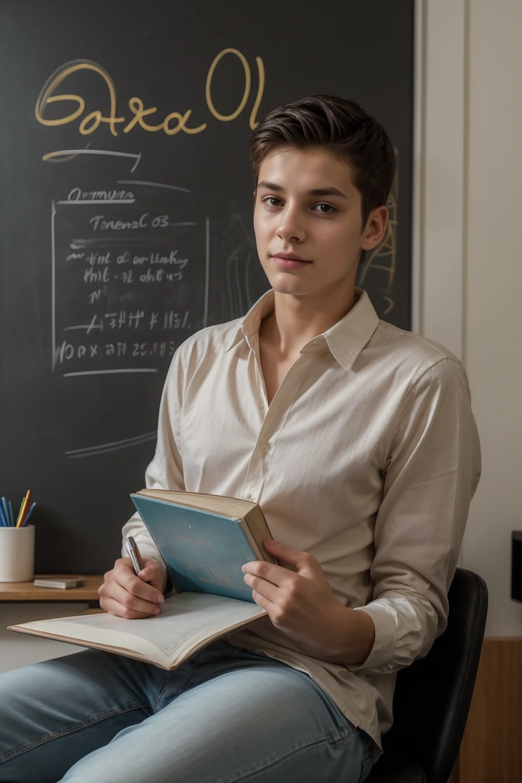A beautiful young man, a cute male twink, with black hair, wearing a white long-sleeved shirt and jeans, and he is in his office, sitting studying passionately at a luxurious desk, reading a huge book, and behind him is a blackboard with calculus written on it, and neon energy comes out of the blackboard, and he looks on proudly.