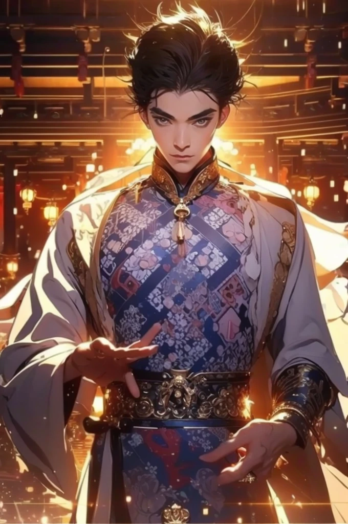a man in a white robe, black hair, a sword in his left hand, young and handsome man, ponytail, waist-length hair, ancient Chinese clothing, qi, a huge saber, background of ancient Chinese buildings, night, powerful character, purple rays, a beautiful landscape. Detailed face, thick eyebrows, black eyes, 8k, robe embroidered with gold edges, detailed clothing, xianxia, ​​world of cultivation. ((upper body))