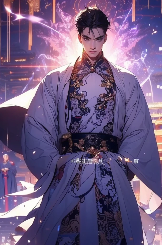 a man in a white robe, black hair, a sword in his left hand, young and handsome man, ponytail, waist-length hair, ancient Chinese clothing, qi, a huge saber, background of ancient Chinese buildings, night, powerful character, purple rays, a beautiful landscape. Detailed face, thick eyebrows, black eyes, 8k, robe embroidered with gold edges, detailed clothing, xianxia, world of cultivation. ((upper body))