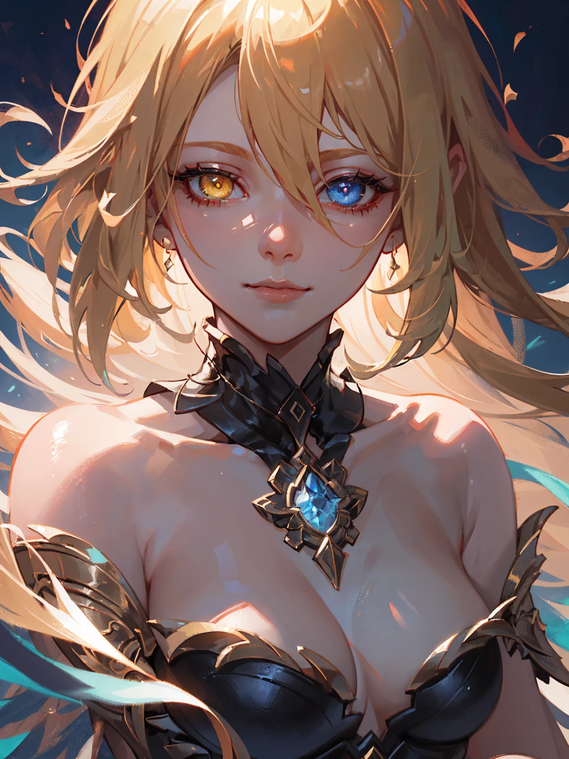 close-up head, facing camera, realistic digital painting portrait of a female human, 3r1nm0r1art72, cute smile, (wavy hair:1.1), (blonde hair:1.3), magical yellow universe, (hair over one eye), (heterochromia), (nude), (completely nude), large breasts, detailed collarbone, perfect collarbone, (abstract, background:1.2), (light particle:1.1), (very detailed skin:1.2), (game concept:1.3), (elden ring style:1.3), (arcane style:0.8), (depth of field:1.3), global illumination, art by hoang lap and fuji hoko and artgerm and greg rutkowski and viktoria gavrilenko