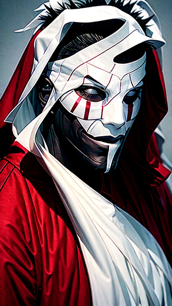 Vincent Law, burgundy cloak, bandages, mask