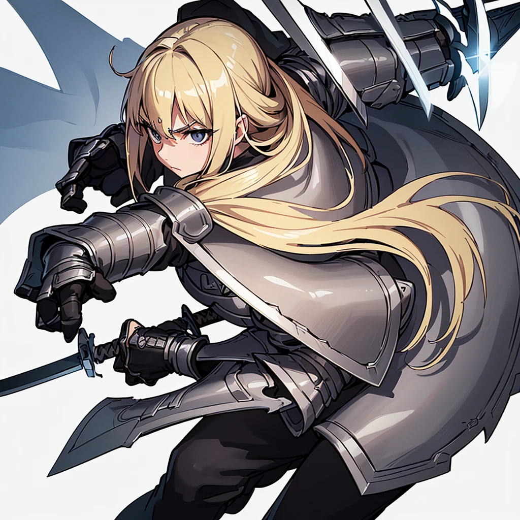 (((Solo)))、Highest quality, Best Quality、8K、Best illustrations、(Full body character concept、detailed)、(((Gray simple armor、Black trousers、Black gloves))、(woman、18-year-old)、(Blonde、Long Hair)、(((Grab the sword)))、(Fighting stance,)、Dramatic Angle、(White background)、(From above)