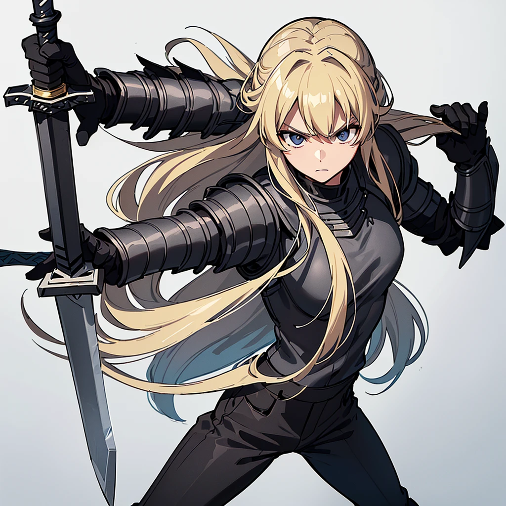 (((Solo)))、Highest quality, Best Quality、8K、Best illustrations、(Full body character concept、detailed)、(((Gray simple armor、Black trousers、Black gloves))、(woman、18-year-old)、(Blonde、Long Hair)、(((Grab the sword)))、(Fighting stance,)、Dramatic Angle、(White background)、(From above)