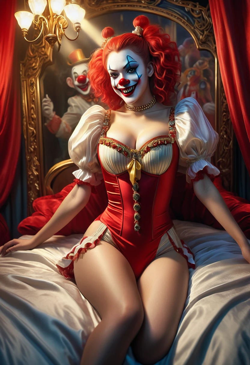 (masterpiece, 8K, UHD, RAW), a sexy girl kissing a evil clown in bed, (((a beautiful young woman riding on top of one huge horrific circus clown with a red nose))), (she rides the male Clown with lustful femininity), her beautiful body is covered by a sheer translucent white tunic with Art Nouveau embroidery, big sexy perky breasts, her pristine delicate features contrasts with the horrendous menacing fangs of the corrupted male clown, full body vibrant illustrations, intricately sculpted, realistic hyper-detailed portraits, queencore, depicts real life, the scene happens in a luxurious Art Nouveau boudoir with studio illumination, red and yellow silk satin, Sexy smile,