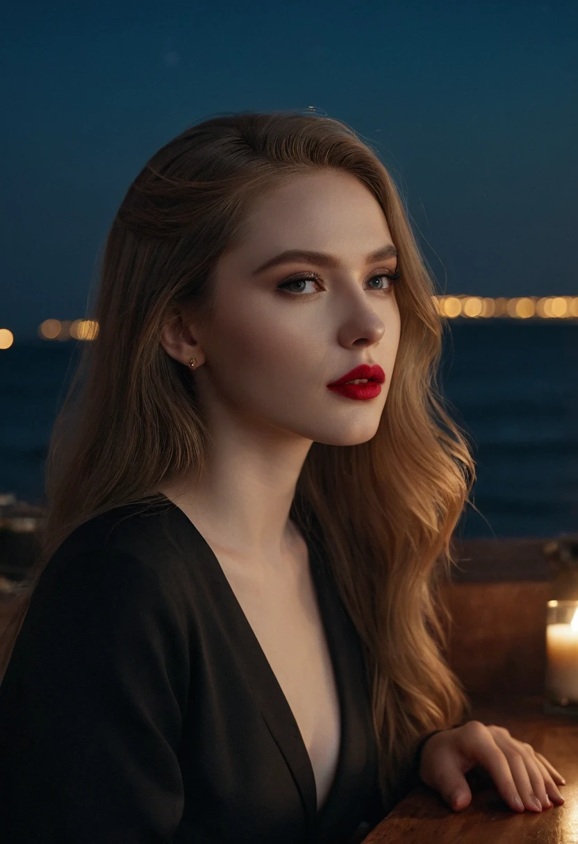 pale skin, evil slavic woman, long dark blond hair, stylish black modern formal clothes, gorgeous lips, cinematic, (masterpiece), (best quality), (ultra-detailed), very aesthetic, photo, perfect composition, intricate details, absurdres, detailed face, (masterpiece, intricate:1.3), (best quality, hires textures, high detail:1.2), (4k),(incredibly detailed:1.4) Bar in the sky, 1girl, solo, alone, sitting at bar counter, from side, drinking, (ocean:1.3), candles, starry sky, shooting stars, masterpiece, best quality, ultra detailed,bar, (Professional), (award winning), (deep shadow), (Soft bokeh), 8K, HDR, sharp-focus, intricate details, Highly detailed, Sharp, Character portrait, perfect lighting, Masterpiece, detailled background, Cinematic lighting, 8K