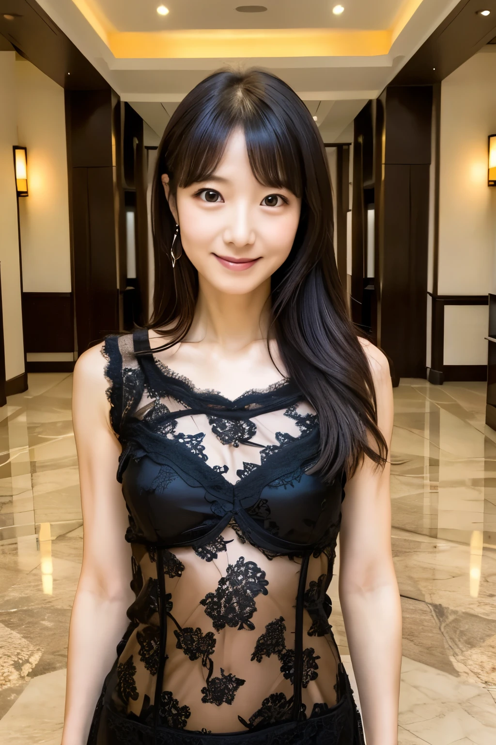 A skinny Japanese woman, {30|40} years old, 1girl, cute face, slight smile, ((detailed face, detailed eyes)), black {short|long} hair, medium breasts, very thin waist, correct human body structure, See-through lace mini dress, standing in a hotel lobby, (full body photo),