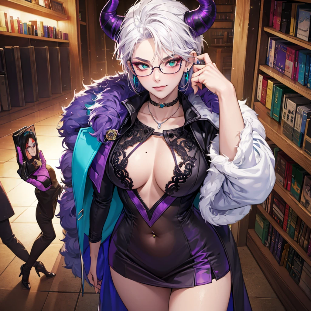 8k, masterpiece, best quality, highly detailed, 1 girl, tiefling, warlock, multicolored hair, very short straight hair green highlight hair on white hair, strippled hair, wearing glasses, round glasses, earrings, red eyeshadow, long eyelashes,navel piercing, blushed cheek, necklace, collarbone, high heels, mole, glamorous, purple and teal clothing, villainy, smirk, seductive face, close up view, rings, looking at viewer, standing, demon horns, solo, hand touching cheek, library, black lace gloves, holding book, miniskirt.