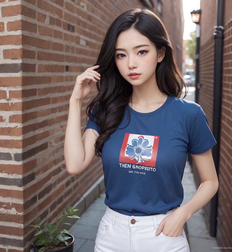 (((perfect photograph)), ((realistic)), ((8k)), ((bright blue eyes)), (perfect face) ((long red t-shirt)), perfect very small breasts, gorgeous face with beautiful makeup, white women with red wavy hair, jeans, standing towards the camera, sunny day in front of brick wall, torso facing camera, outdoors, lots of light, lots of plants, beautiful eyes, twirling her hair with one hand