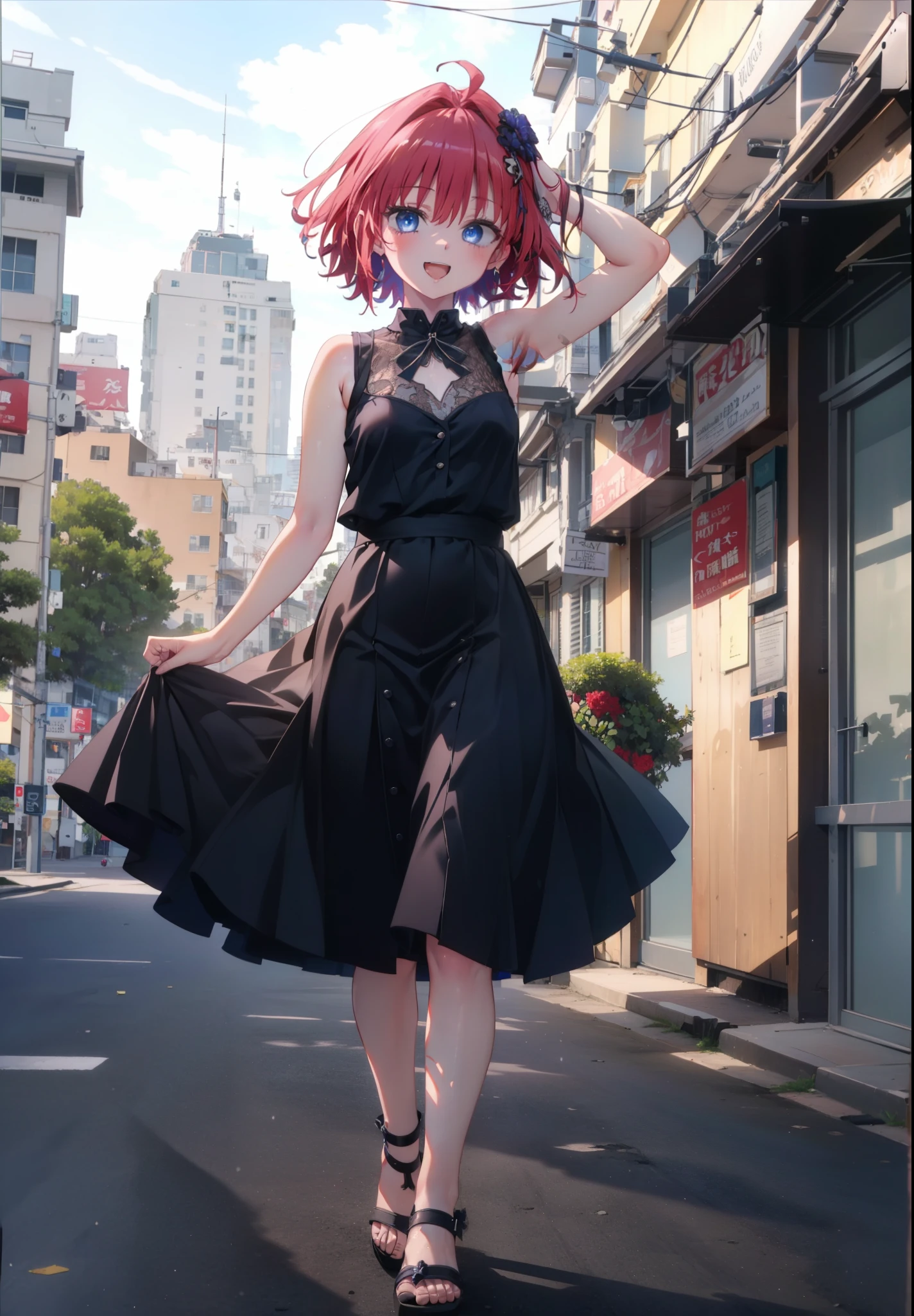 (masterpiece, Highest quality:1.2),shape,8K,High resolution,Say something happy smile, smile, Open your mouth,,Redhead,Long Hair,Purple eyes,1 Girl,sleeveless black dress,Bare arms,Black long skirt,Cute Sandals,walking,Daytime,Clear skies,
break looking at viewer,whole body,
break outdoors, Coastal Road,
break (masterpiece:1.2), Highest quality, High resolution, ユニティ 8K 壁紙, (shape:0.8), (Beautiful and beautiful eyes:1.6), Highly detailed face, Perfect lighting, Highly detailed CG, (Perfect hands, Perfect Anatomy),