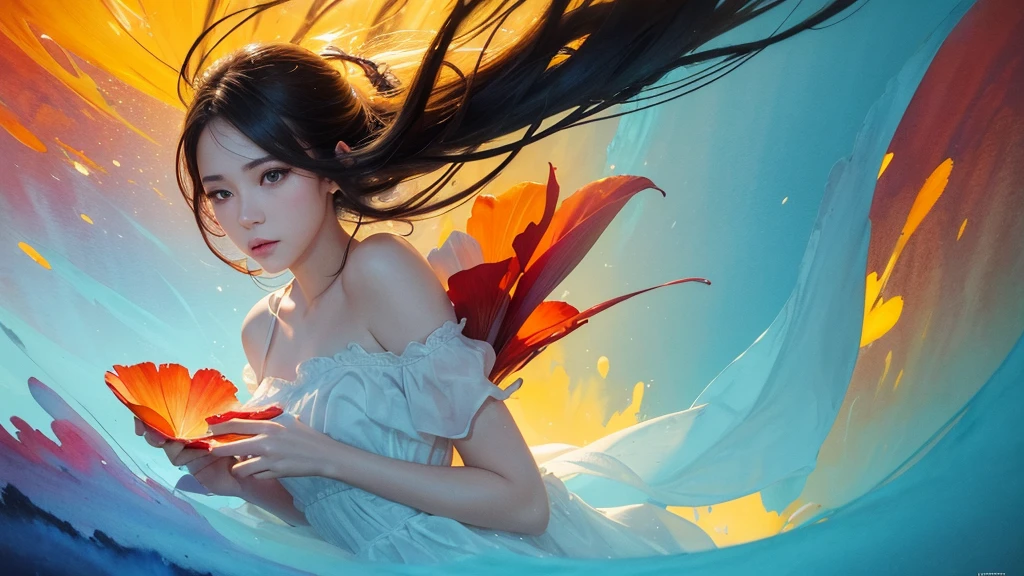 32k, Masterpiece, Highest quality, One girl, Detailed eyes, flower,gladiolus, Yellow and red style,A dreamy, romantic piece,Pale yellow, Mysterious Leaves,A playful arrangement,Fantasy,High Contrast,Ink strokes,explosion,Exposure, Impression of light blue and red tones,Abstract,((Watercolours by John Berkey and Jeremy Mann )) Brush strokes,Negative Space, Tyndall effect,