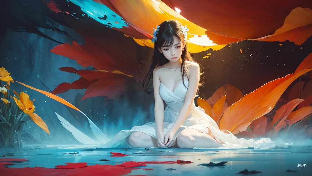 32k, Masterpiece, Highest quality, One girl, Detailed eyes, flower,gladiolus, Yellow and red style,A dreamy, romantic piece,Pale yellow, Mysterious Leaves,A playful arrangement,Fantasy,High Contrast,Ink strokes,explosion,Exposure, Impression of light blue and red tones,Abstract,((Watercolours by John Berkey and Jeremy Mann )) Brush strokes,Negative Space, Tyndall effect,