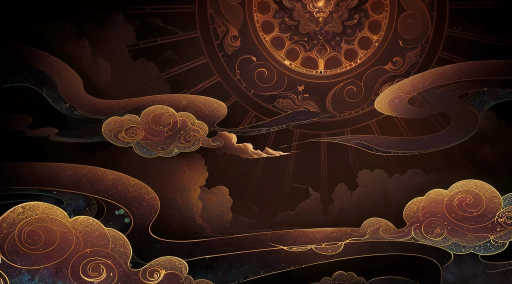 there is a painting of a clock with clouds in the sky, background artwork, ceremonial clouds, detailed dreamscape, detailed digital illustration, background art, an abstract spiritual background, intricately detailed background, calm night. digital illustration, dark but detailed digital art, psychedelic clouds, low detailed. digital painting, stylized background, astral background, background hyper detailed