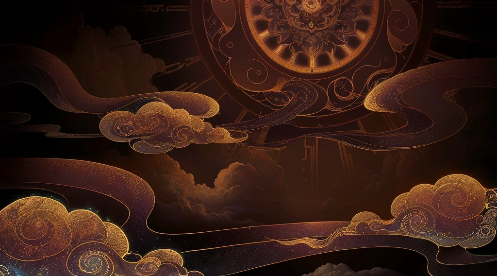 there is a painting of a clock with clouds in the sky, background artwork, ceremonial clouds, detailed dreamscape, detailed digital illustration, background art, an abstract spiritual background, intricately detailed background, calm night. digital illustration, dark but detailed digital art, psychedelic clouds, low detailed. digital painting, stylized background, astral background, background hyper detailed