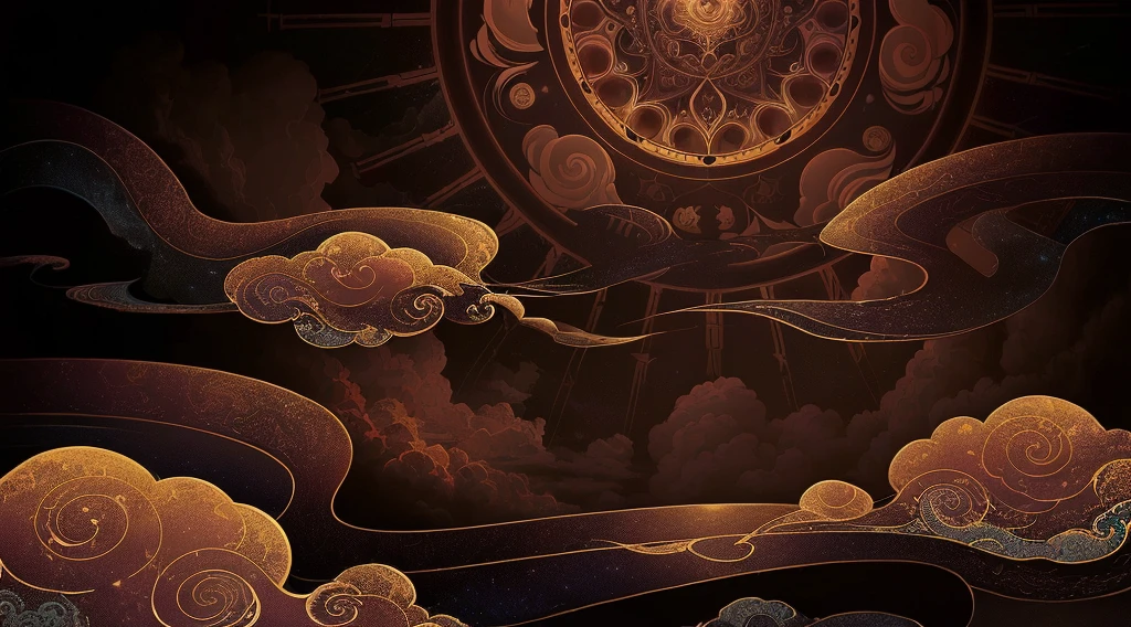 there is a painting of a clock with clouds in the sky, background artwork, ceremonial clouds, detailed dreamscape, detailed digital illustration, background art, an abstract spiritual background, intricately detailed background, calm night. digital illustration, dark but detailed digital art, psychedelic clouds, low detailed. digital painting, stylized background, astral background, background hyper detailed