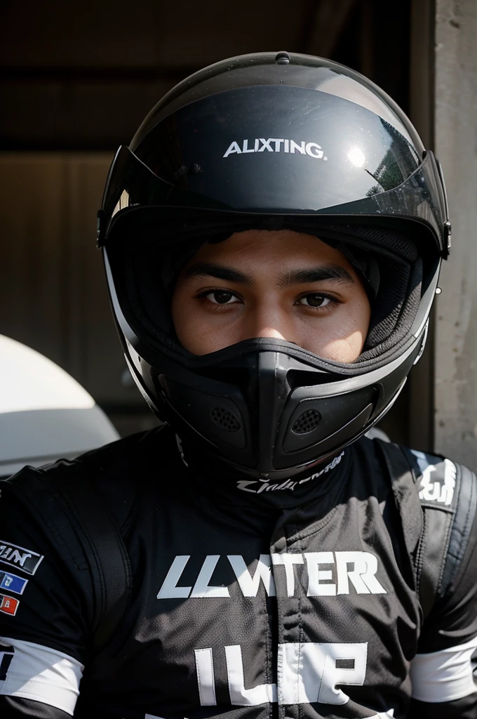 A 25 year-old experienced mexican male racing driver named Walter wearing a black racing suit WITHOUT wearing a helmet