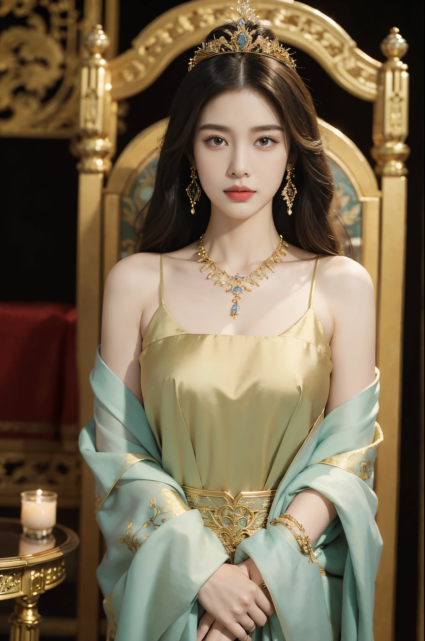 (((best quality))),(((ultra detailed))),(((masterpiece))),illustration,1 girl,solo,slim,thin,small breasts,flat chest,shoulder length straight bob hair,earrings,necklace,Asian appearance,princess,royal,Chinese palace,night scene,magnificent dragon gown,golden crown,intricate embroidery,luxurious fabric,precious stones,metallic throne,decorative patterns,rich decorations,luxurious furnishings,regal charm,beautiful face,gentle smile,bright eyes,historical,traditional,city lights,modernity,frozen moment,beauty of the past,evolution of time,from front,upper body,standing,arms behind back