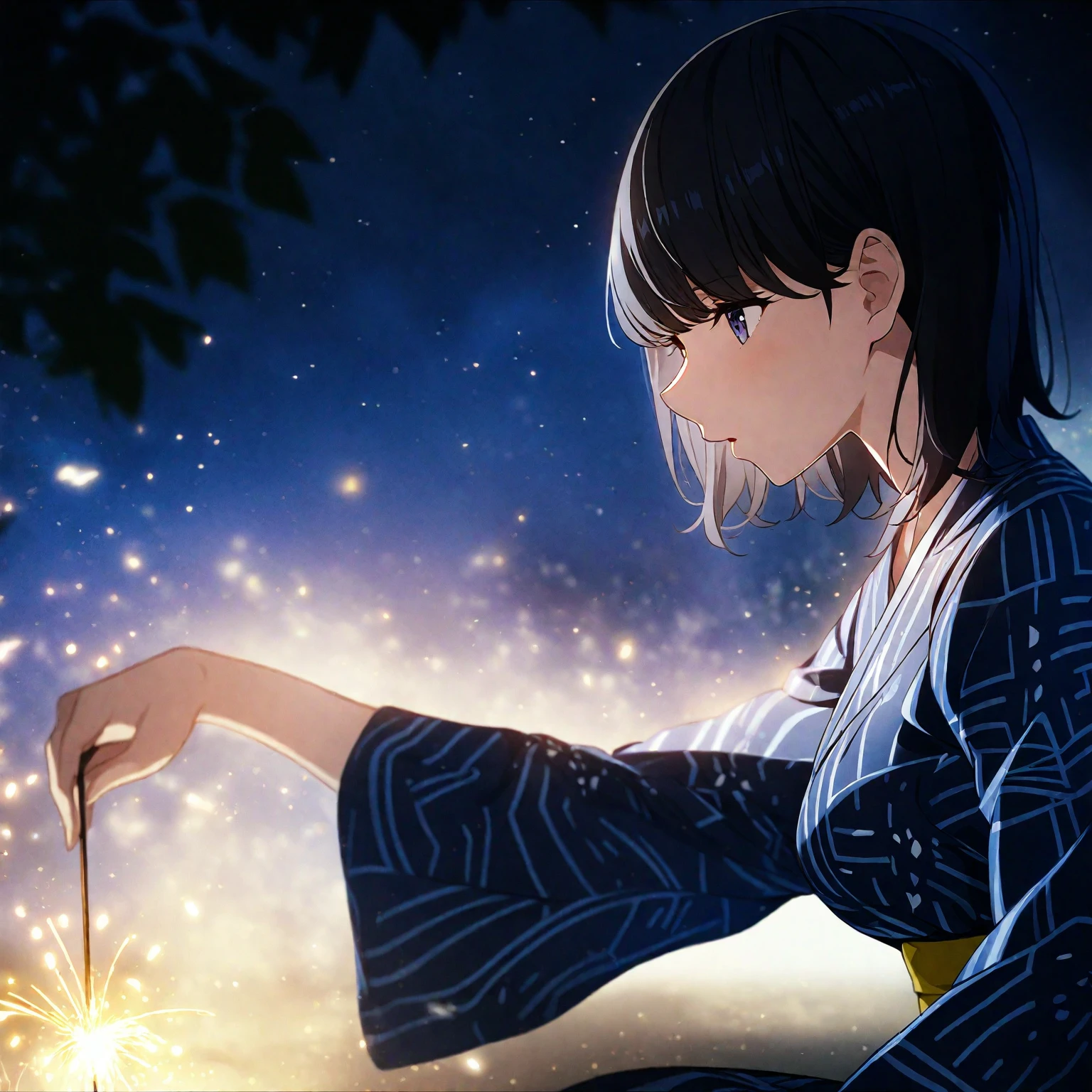 1girl、Black Hair、Indigo yukata、Yellow belt、squat、Sparkler、night、Illuminate the face、少女がしゃがんでSparklerの火を見つめる、deep faint light 、 detailed CG、high resolution
