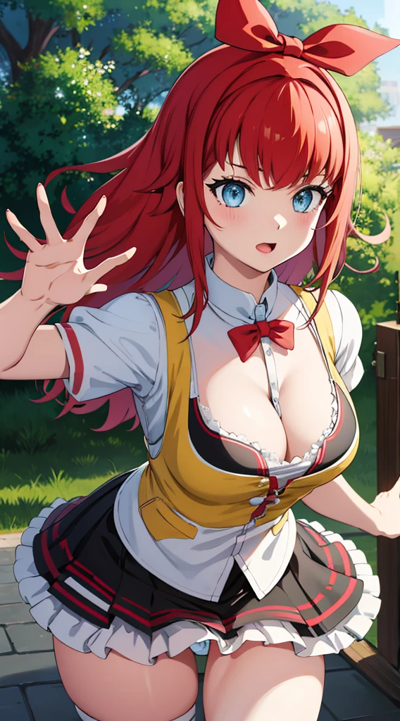 ミニスカートからパンティ見えてる、Without skirt、White underwear、In underwear、 in full view、White pantiestripes々Large bra 1, 1girl, asahina mikuru, long hair, kita high , solo,  short sleeves, red ribbon, large breasts, cowbo waving, outdoors, leaning forward,Underwear in full view